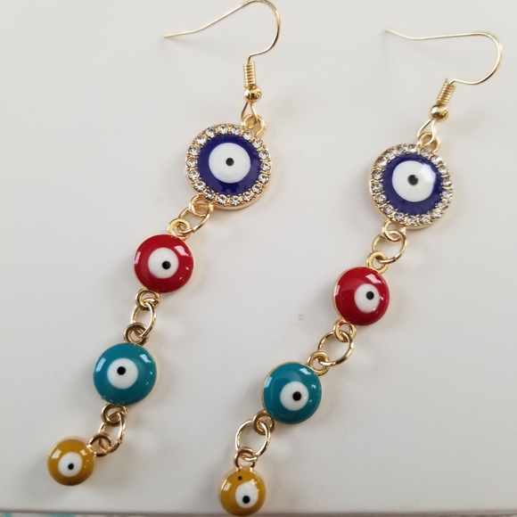 3/$30 ♥️ Evil Eye Protection Multi Color Dangling Earrings with Rhinestone New - Picture 2 of 6